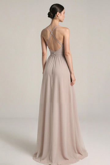 Robe longue de bal à bretelles spaghetti en satin rose clair